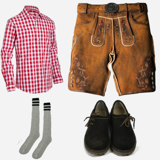Complete Men’s Brown Suede Bavarian Lederhosen Outfit featuring embroidered suede leather Lederhosen, red checkered cotton shirt, long grey socks, and traditional black Bavarian shoes.