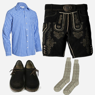 Complete Bavarian outfit featuring a blue and white checkered shirt, black suede Lederhosen with gold-toned embroidery, traditional gray socks, and black Bavarian shoes. Perfect for festivals and cultural eventsr this