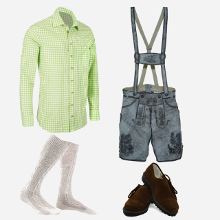 Traditional Bavarian outfit consisting of a green and white checkered shirt, gray leather lederhosen with black embroidery and suspenders, white knit knee-high socks, and brown suede shoes with decorative laces