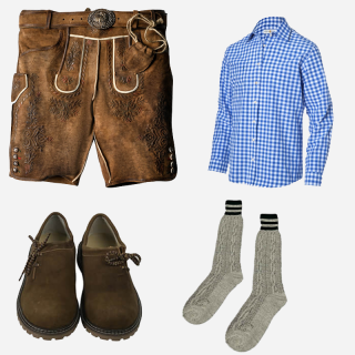 Traditional Bavarian outfit featuring brown leather lederhosen with intricate embroidery and a matching belt pouch, a blue and white checkered shirt, gray wool socks with black stripes, and brown suede shoes with decorative laces