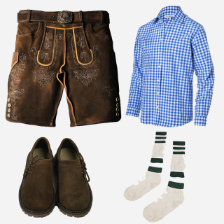 Traditional Bavarian outfit featuring dark brown leather lederhosen with intricate embroidery and tan piping, a blue and white checkered shirt, white knee-high socks with green bands, and dark brown suede shoes with decorative laces
